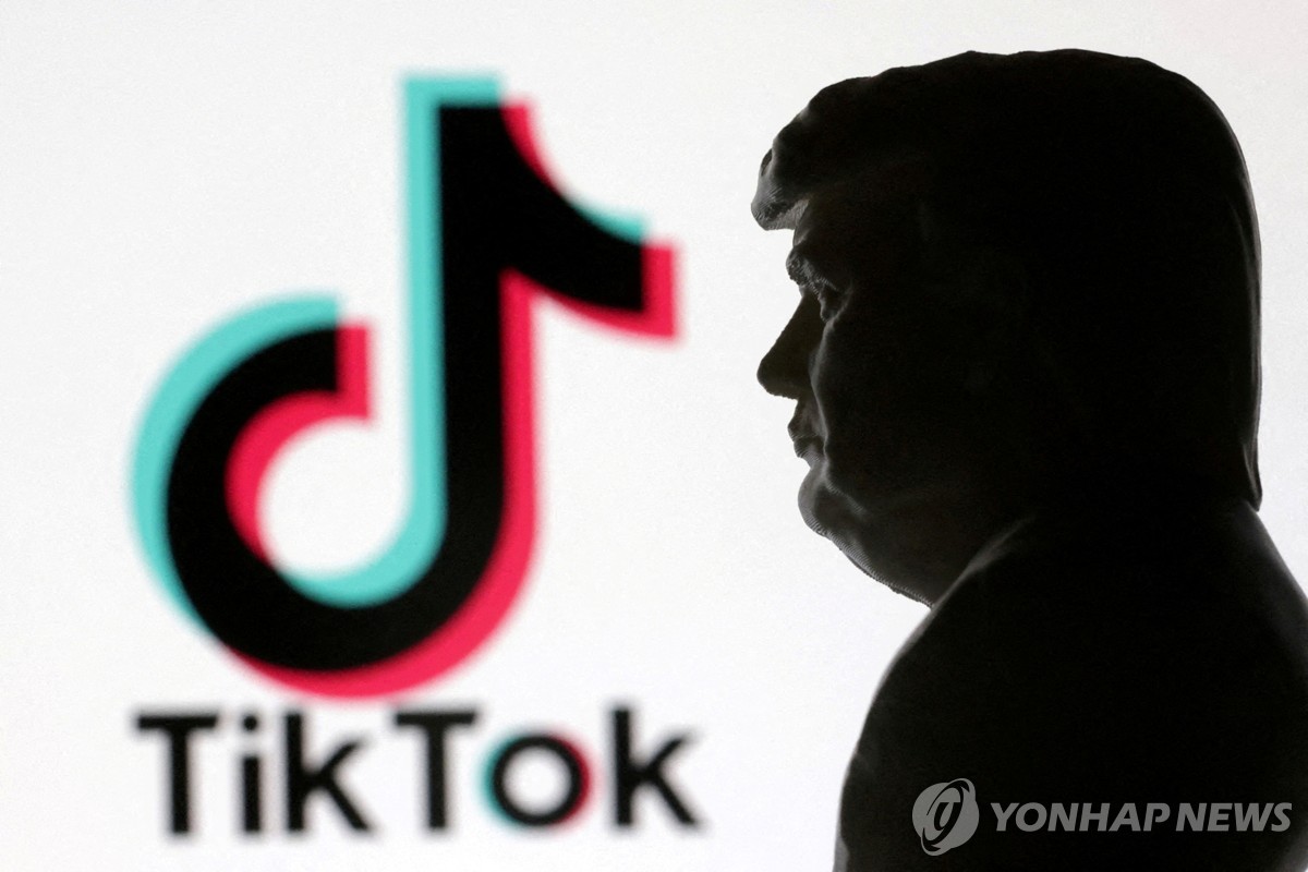 틱톡 로고 앞의 트럼프 미국 대통령 3D 프린트 미니어처 모형