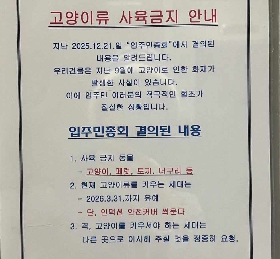 인천 오피스텔의 '고양이 사육 금지' 공지문